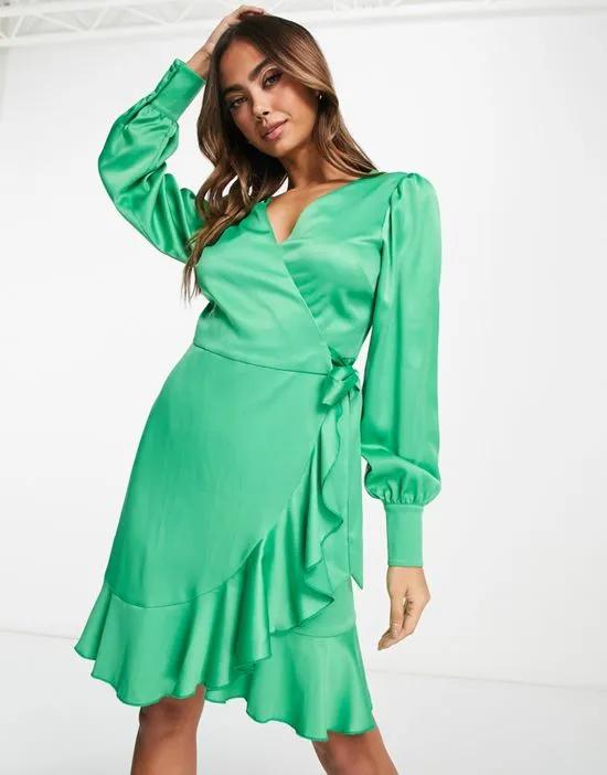 satin wrap mini dress in vibrant green