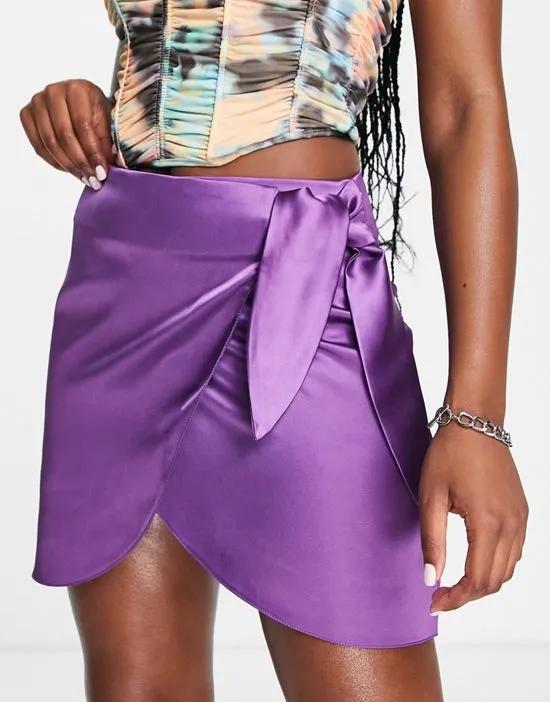 satin wrap mini skirt in purple