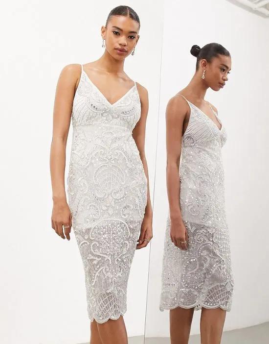 scallop embellished jewel and sequin cami midi dress in ivory