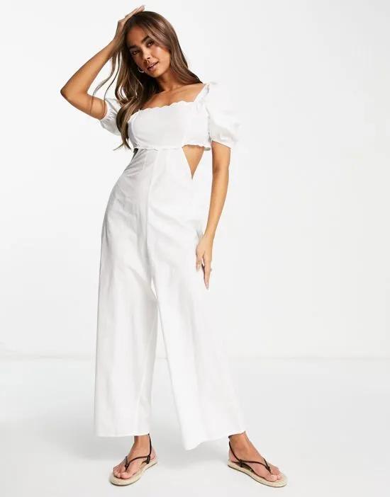 scallop neck jumpsuit with puff sleeves in white