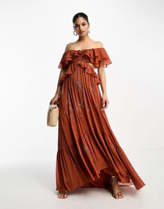scatter embellished ruffle off-shoulder cut-out midi dress in rust