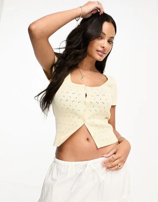 scoop neck cardigan with short sleeves in pointelle stitch in cream