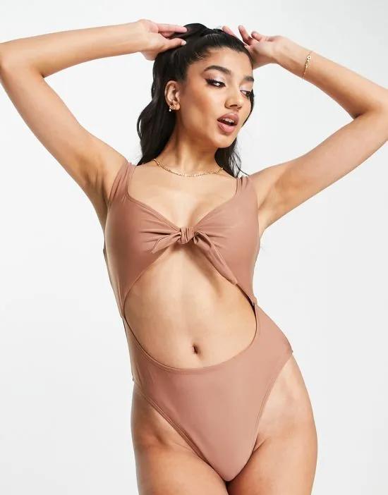 scoop neck cut out swimsuit in brown