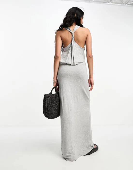 scoop neck midi dress with twist back and ruched skirt in gray