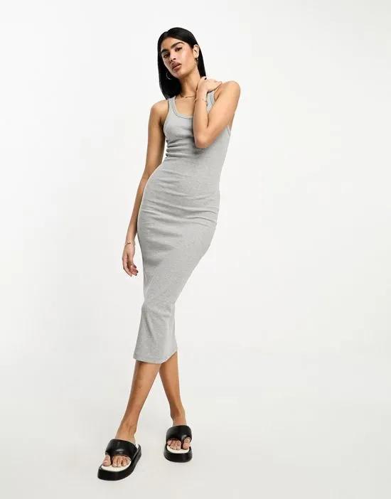 scoop neck ribbed midi dress in heather gray