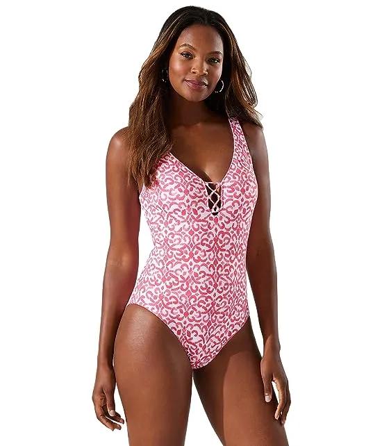 Scrolls Reversible Lace Back One-Piece