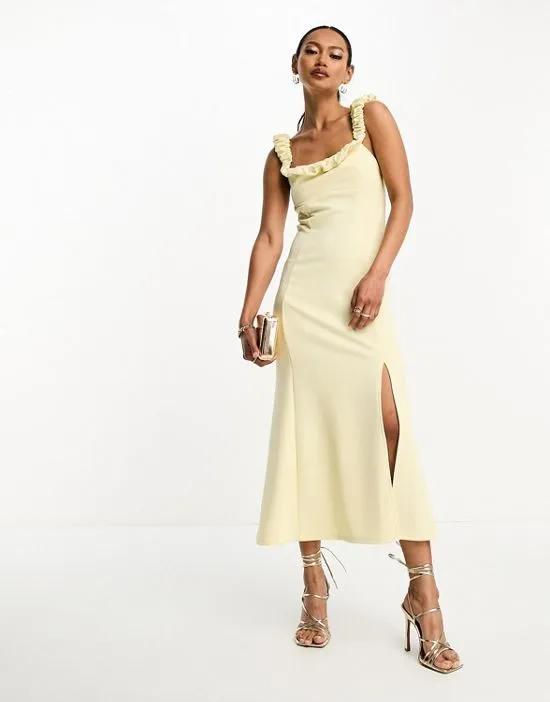 scrunch neck soft textured a-line midi dress in pastel lemon