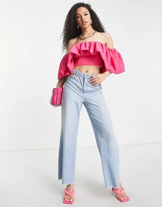 scuba off shoulder top with exaggerated sleeve in pink