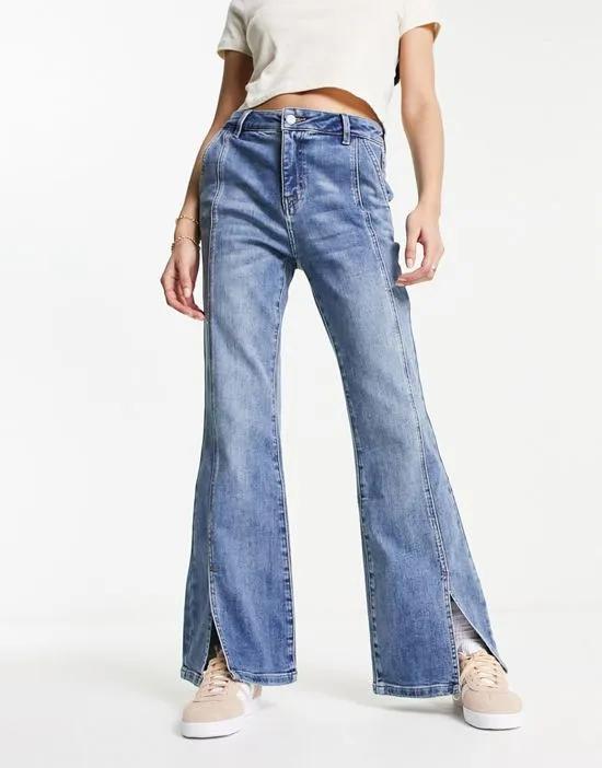 seam detail split front flared jeans in blue