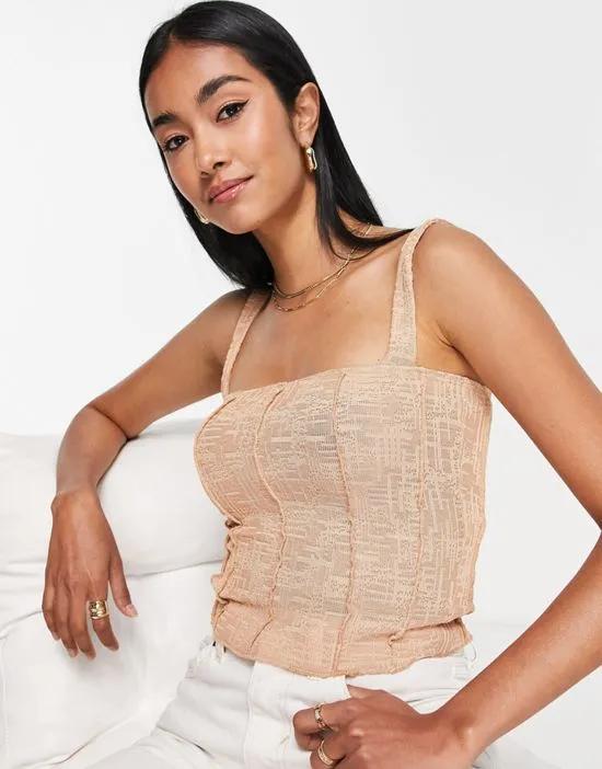 seam detail tank top in textured fabric in camel