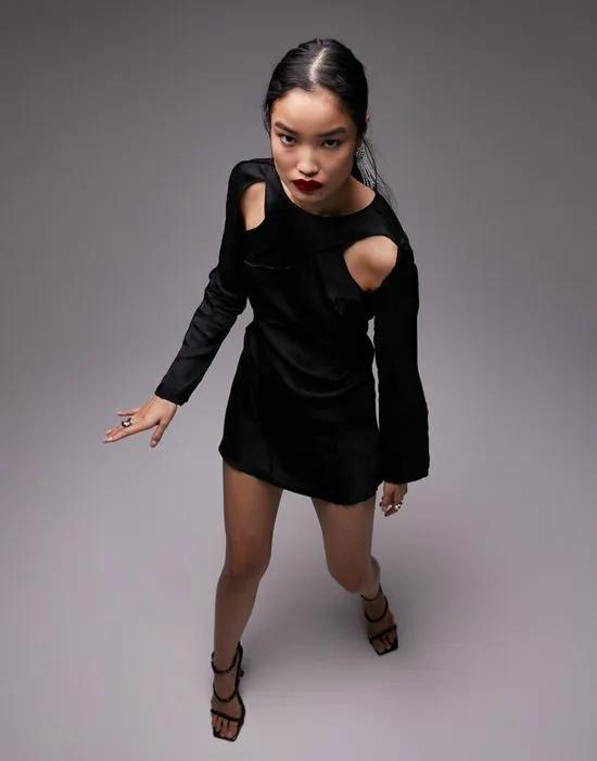 seamed long sleeve mini dress in black