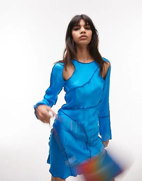 seamed long sleeve mini dress in cobalt
