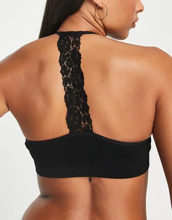 seamless lace back crop bra top in black