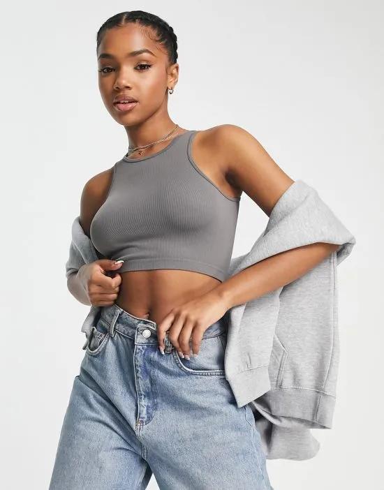 seamless ribbed cropped top in charcoal