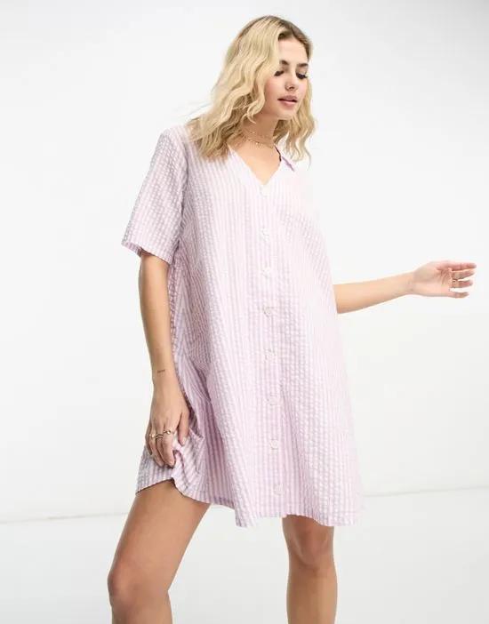 seersucker mini shirt dress in lilac stripe