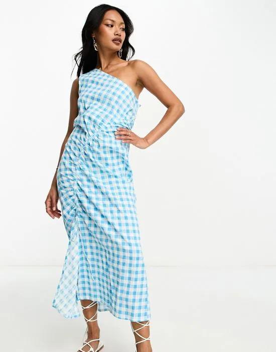 seersucker one-shoulder midi dress with ruched detail in blue gingham