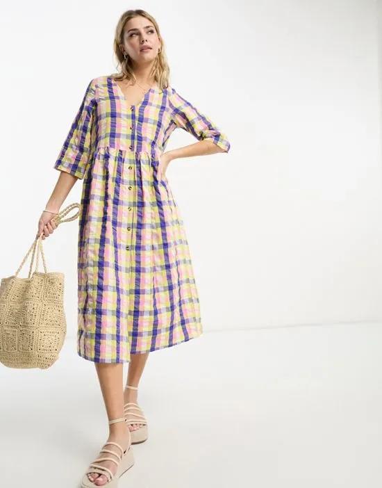 seersucker smock midi dress in yellow check