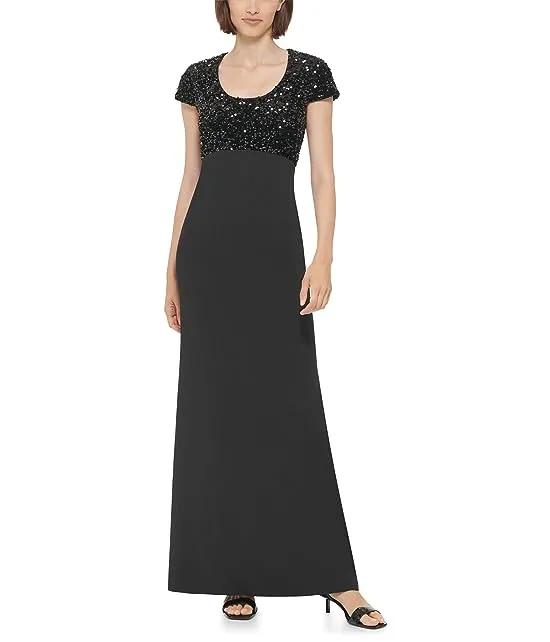 Sequin Bodice Gown with Short Sleeves