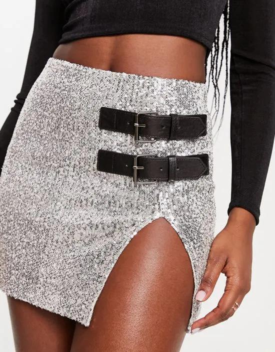sequin buckle mini skirt with split in silver
