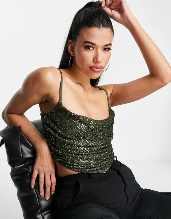 sequin cowl neck corset top in forest green