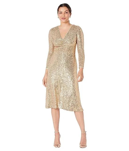 Sequin Dress with Shirring at Waist and Slit