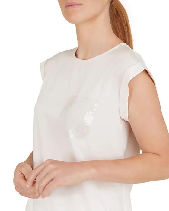Sequin Faux Pocket Stretch Silk Cap Sleeve Top