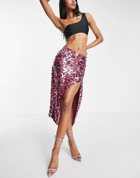 sequin midi skirt with high split in deep pink