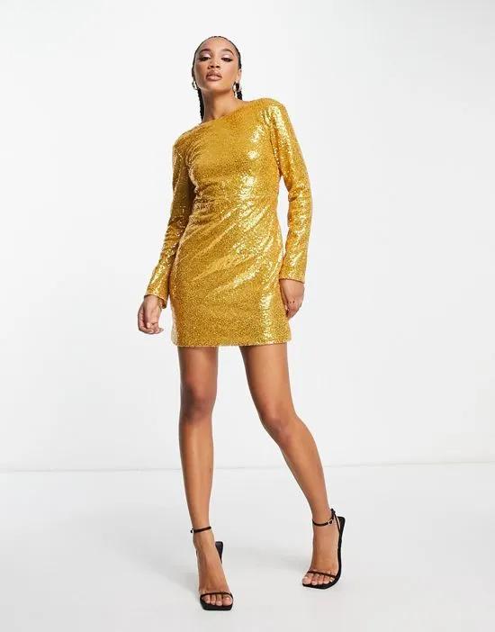 sequin mini dress with draped back in gold