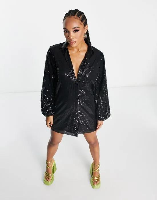 sequin mini shirt dress with long sleeves in black