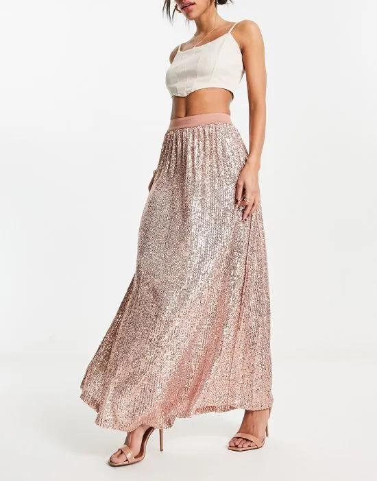 sequin pleated midi skirt in rose gold