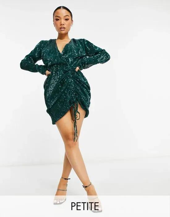 sequin plunge front ruched mini dress in emerald green