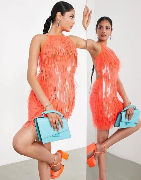 sequin shard halter mini dress in orange