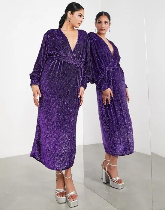 sequin wrap midi dress in purple