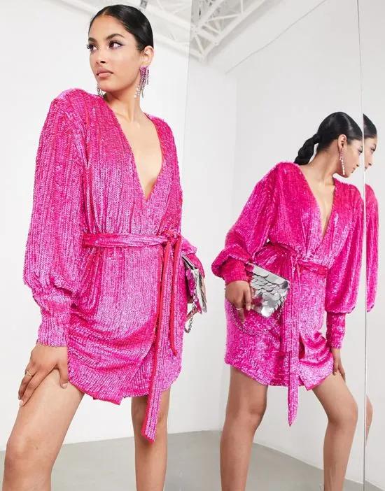 sequin wrap mini dress in hot pink