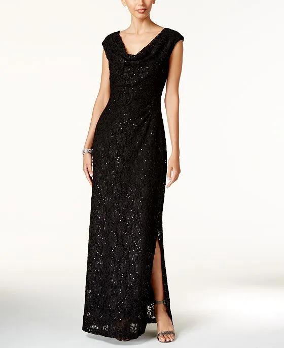 Sequined Lace Cowl-Neck Gown
