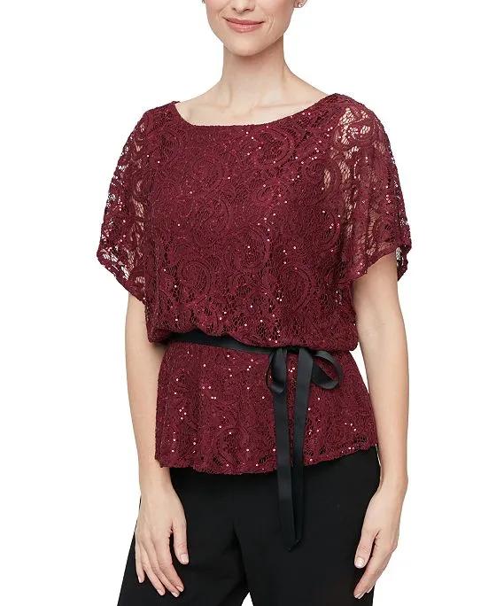 Sequined Lace Flutter-Sleeve Blouse