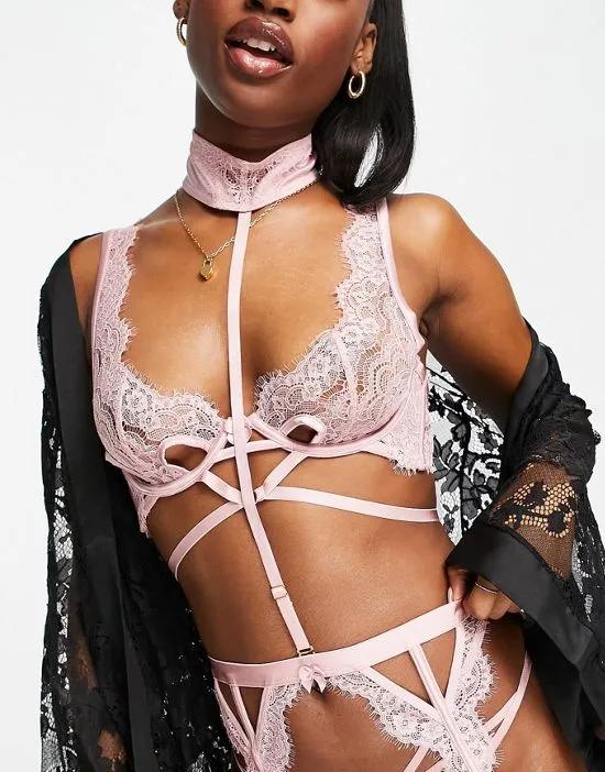 Seraphina non padded lace demi bra with cut out cups and strapping in pink