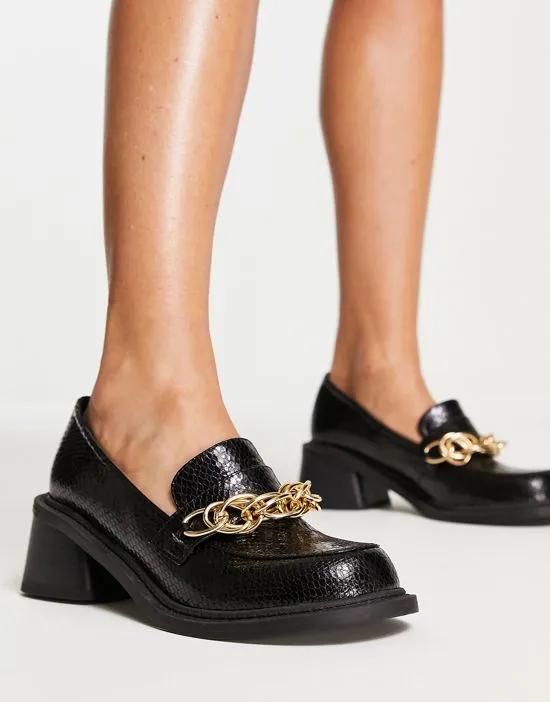 Sergio mid heeled loafers with chain in black