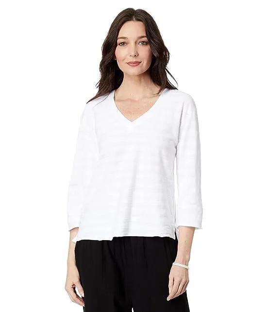 Shadow Stripe French Terry 3/4 Sleeve V-Neck Hi-Low Top