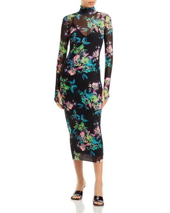 Shailene Floral Turtleneck Mesh Midi Dress