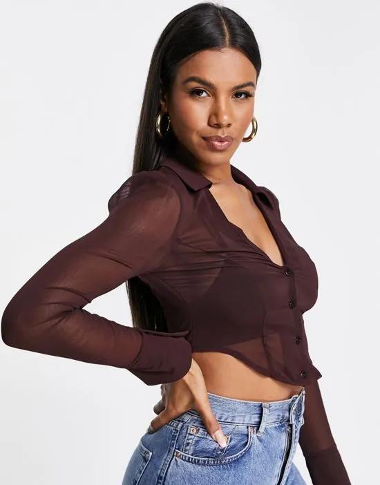 sheer cropped shirt with seam detail in chocolate