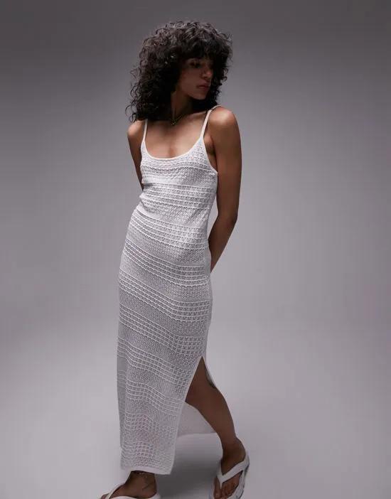 sheer knit strappy midi dress in white