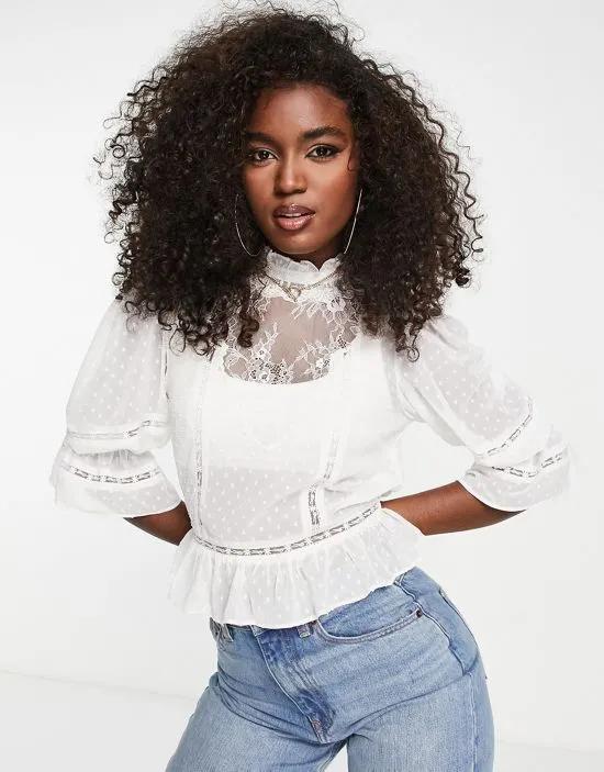 sheer lace insert victoriana blouse in ivory