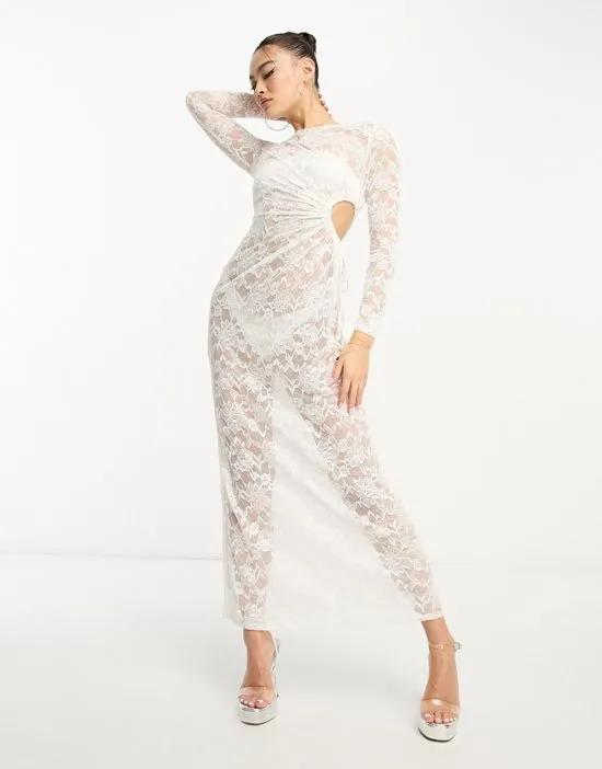 sheer lace ruched maxi dress in ivory