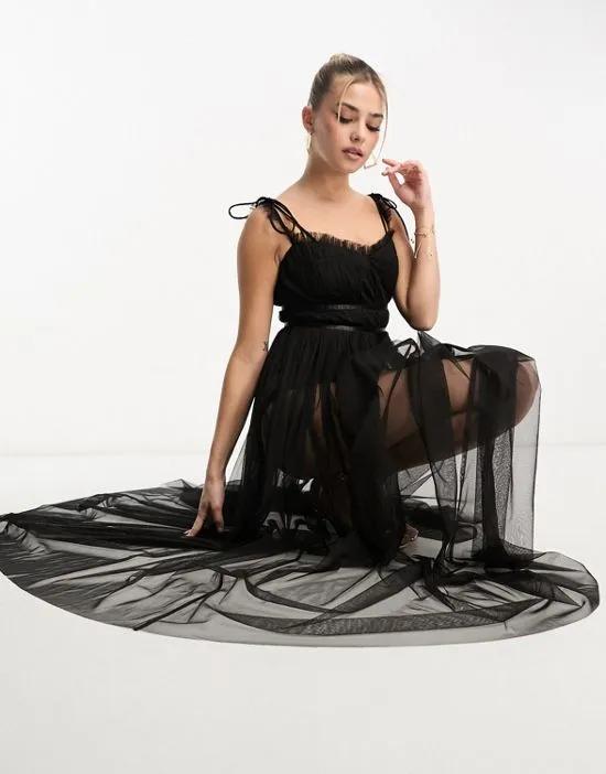 sheer maxi dress with bodysuit underlayer in black