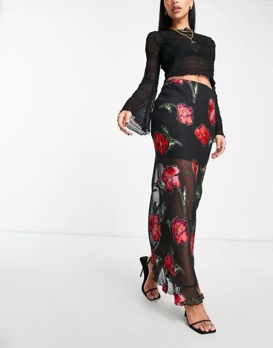 sheer maxi skirt in rose floral burnout