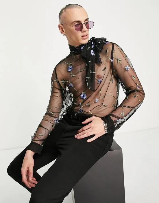sheer mesh shirt with floral embroidery