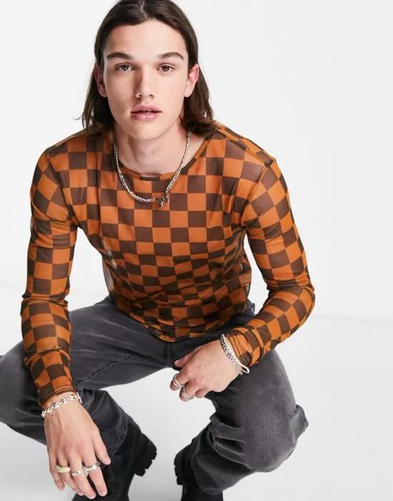 sheer mesh t-shirt in brown and orange check