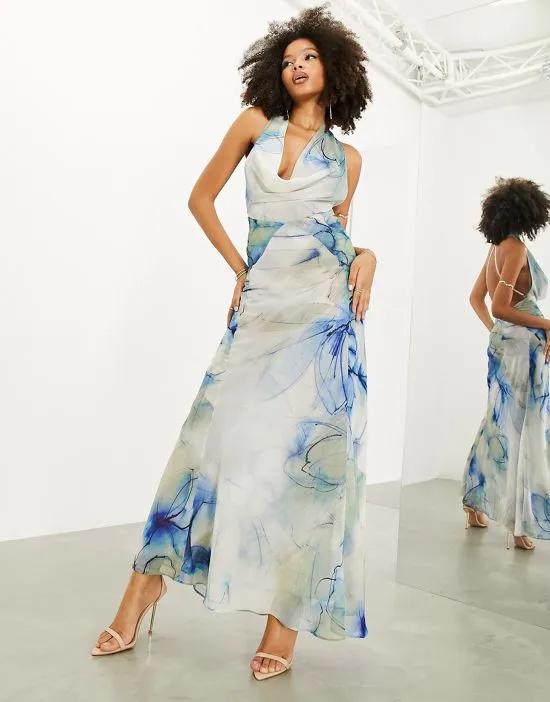 sheer statement cowl neck maxi dress in blue watercolour print