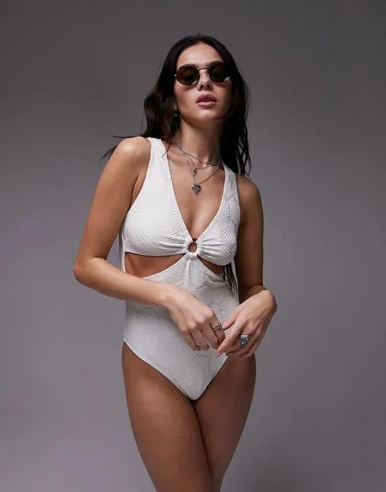 shell jacquard ring detail cut out swimsuit in white